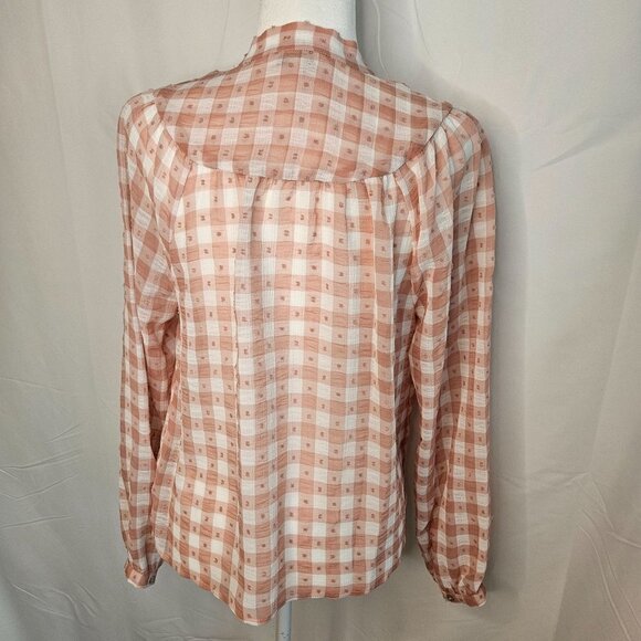 Nanette Lepore Size Small Tie V-Neck Soft Gingham Peach Swiss Dot L/S Blouse - Picture 8 of 13